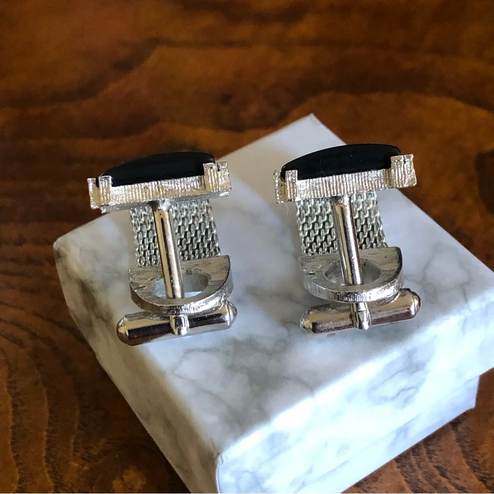 Vintage Swank hematite silver mesh wrap style cuff links